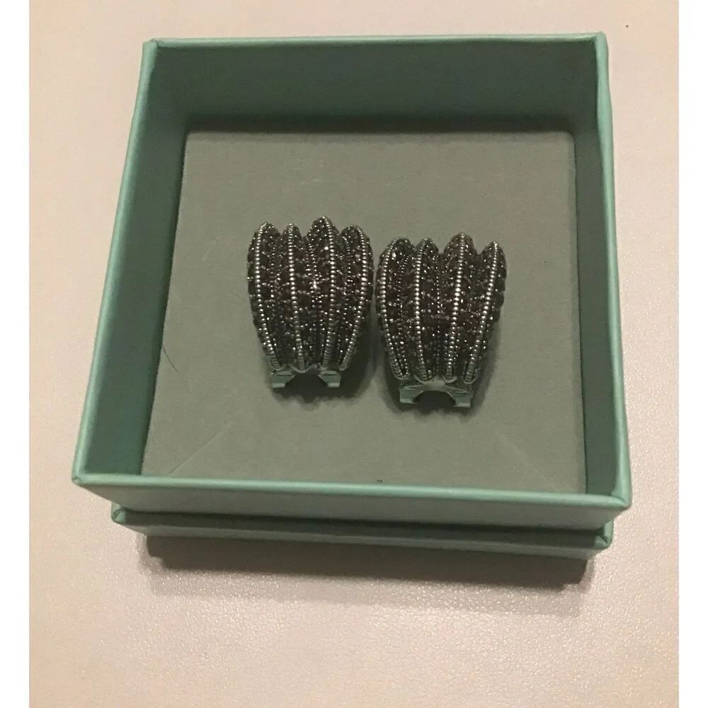 Sparkling Silver Wide Marcasite Gemstone Wave "J" Hoop Leverback Earrings - Picture 5 of 6